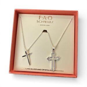 FAO Schwarz Sterling Silver Cross Necklace Set with Crystals
